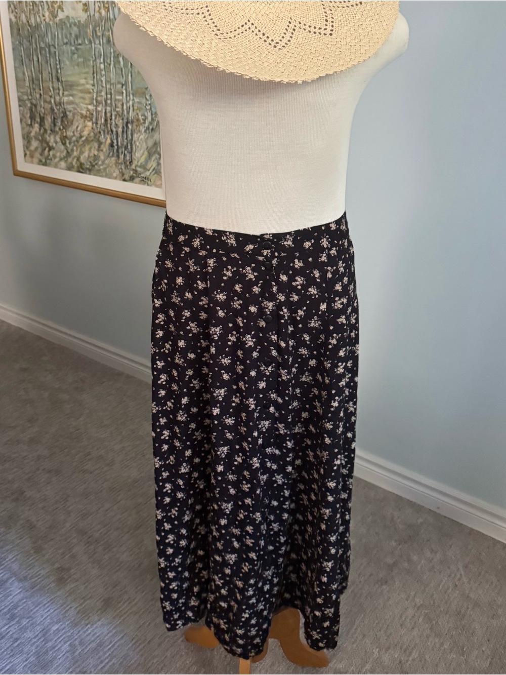Daniel Hechter Floral Button Front Midi Skirt Navy Cream Vintage Size 12